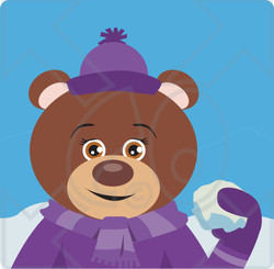 Clipart Illustration of a Brown Female Teddy Bear In Purple, Throwing Snowballs