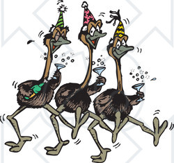 Clipart Illustration of Three Emus Dancing, Drinking Champagne And Wearing Party Hats At A New Years Eve Party