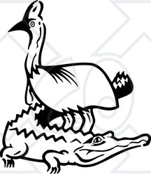 Clipart Illustration of a Black And White Emu Standing Over A Gator