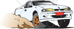 Clipart Illustration of a White Ute Vehicle Speeding Through Dirt