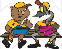 Clipart Illustration of a Wombat And Emu Sitting On A Bench And Eating Lunch