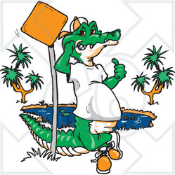 Clipart Illustration of a Cool Crocodile Leaning Against A Pole By A Pond