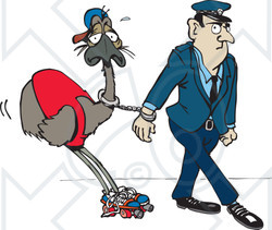 Clipart Illustration of a Police Officer Cuffed To A Roller Skating Emu