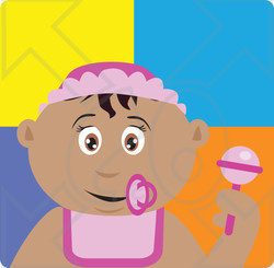 Clipart Illustration of a Hispanic Baby Girl With A Pacifier, Bib And Rattle