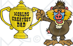 Royalty-free (RF) Clipart Illustration of a Baboon Character Holding A Golden Worlds Greatest Dad Trophy