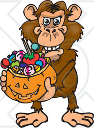 Royalty-Free (RF) Clipart Illustration of a Trick Or Treating Chimp Holding A Pumpkin Basket Full Of Halloween Candy