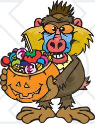 Royalty-Free (RF) Clipart Illustration of a Trick Or Treating Baboon Holding A Pumpkin Basket Full Of Halloween Candy