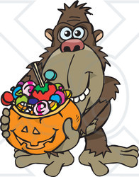 Royalty-Free (RF) Clipart Illustration of a Trick Or Treating Ape Holding A Pumpkin Basket Full Of Halloween Candy