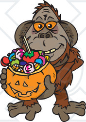 Royalty-Free (RF) Clipart Illustration of a Trick Or Treating Orangutan Holding A Pumpkin Basket Full Of Halloween Candy