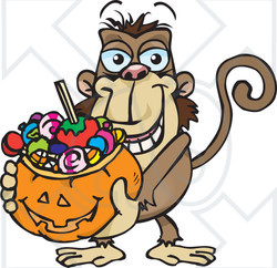 Royalty-Free (RF) Clipart Illustration of a Trick Or Treating Monkey Holding A Pumpkin Basket Full Of Halloween Candy