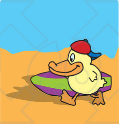 Royalty-Free (RF) Clipart Illustration of a Happy Duck Carrying A Surf Board On A Beach