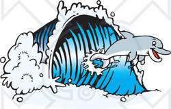 Royalty-Free (RF) Clipart Illustration of a Dolphin Surfing On A Blue Wave