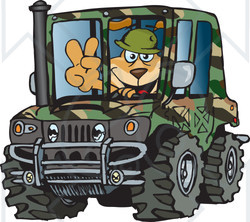 Royalty-Free (RF) Clipart Illustration of a Sparkey Dog Gesturing A Peace Sign And Driving A Camouflage Hummer