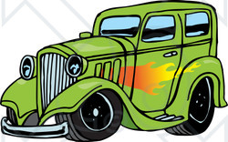 Royalty-Free (RF) Clipart Illustration of a Green Hot Rod With A Flame Paint Job