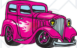 Royalty-Free (RF) Clipart Illustration of a Pink Hot Rod With A Flame Paint Job