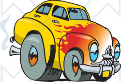 Royalty-Free (RF) Clipart Illustration of a Yellow Holden FJ Hot Rod With A Flame Paint Job