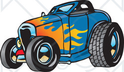 Royalty-Free (RF) Clipart Illustration of a Blue Hot Rod With A Flame Paint Job