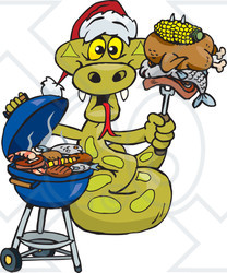 Royalty-Free (RF) Clipart Illustration of a Grilling Python Wearing A Santa Hat And Holding Food On A BBQ Fork